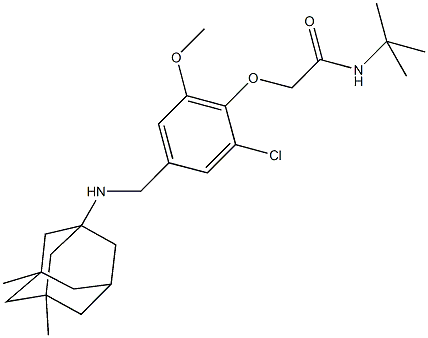 N-(tert-butyl)-2-(2-chloro-4-{[(3,5-dimethyl-1-adamantyl)amino]methyl}-6-methoxyphenoxy)acetamide Struktur