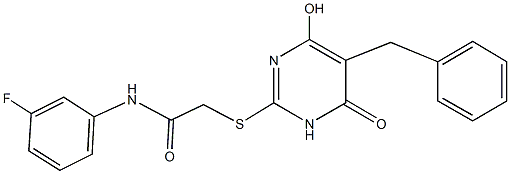 2-[(5-benzyl-4-hydroxy-6-oxo-1,6-dihydro-2-pyrimidinyl)sulfanyl]-N-(3-fluorophenyl)acetamide Struktur