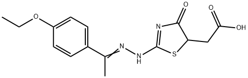 (2-{[1-(4-ethoxyphenyl)ethylidene]hydrazono}-4-oxo-1,3-thiazolidin-5-yl)acetic acid Struktur