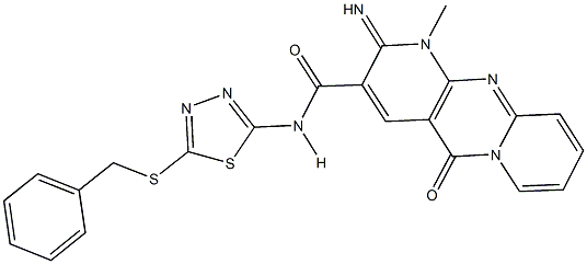 N-[5-(benzylsulfanyl)-1,3,4-thiadiazol-2-yl]-2-imino-1-methyl-5-oxo-1,5-dihydro-2H-dipyrido[1,2-a:2,3-d]pyrimidine-3-carboxamide Struktur