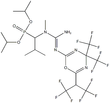 diisopropyl 1-[[amino({4,4-bis(trifluoromethyl)-6-[2,2,2-trifluoro-1-(trifluoromethyl)ethyl]-4H-1,3,5-oxadiazin-2-yl}imino)methyl](methyl)amino]-2-methylpropylphosphonate Struktur