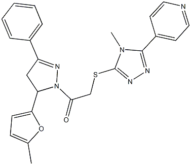 2-[5-(5-methyl-2-furyl)-3-phenyl-4,5-dihydro-1H-pyrazol-1-yl]-2-oxoethyl 4-methyl-5-(4-pyridinyl)-4H-1,2,4-triazol-3-yl sulfide Struktur