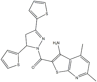 2-{[3,5-di(2-thienyl)-4,5-dihydro-1H-pyrazol-1-yl]carbonyl}-4,6-dimethylthieno[2,3-b]pyridin-3-ylamine Struktur