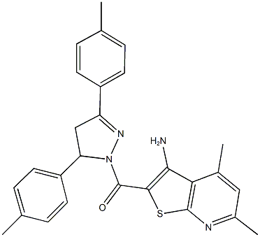 2-{[3,5-bis(4-methylphenyl)-4,5-dihydro-1H-pyrazol-1-yl]carbonyl}-4,6-dimethylthieno[2,3-b]pyridin-3-ylamine Struktur