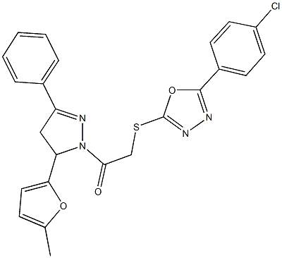 2-(4-chlorophenyl)-5-({2-[5-(5-methyl-2-furyl)-3-phenyl-4,5-dihydro-1H-pyrazol-1-yl]-2-oxoethyl}sulfanyl)-1,3,4-oxadiazole Struktur