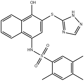 N-[4-hydroxy-3-(1H-1,2,4-triazol-3-ylsulfanyl)-1-naphthyl]-2,4,5-trimethylbenzenesulfonamide Struktur