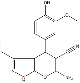 6-amino-3-ethyl-4-(4-hydroxy-3-methoxyphenyl)-1,4-dihydropyrano[2,3-c]pyrazole-5-carbonitrile Struktur