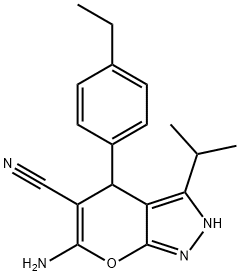 6-amino-4-(4-ethylphenyl)-3-isopropyl-2,4-dihydropyrano[2,3-c]pyrazole-5-carbonitrile Struktur