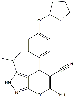 6-amino-4-[4-(cyclopentyloxy)phenyl]-3-isopropyl-2,4-dihydropyrano[2,3-c]pyrazole-5-carbonitrile Struktur