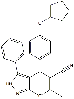 6-amino-4-[4-(cyclopentyloxy)phenyl]-3-phenyl-2,4-dihydropyrano[2,3-c]pyrazole-5-carbonitrile Struktur