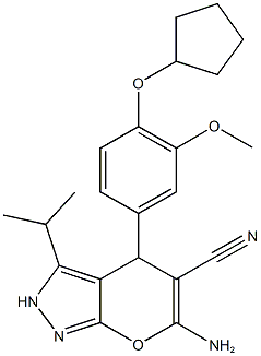 6-amino-4-[4-(cyclopentyloxy)-3-methoxyphenyl]-3-isopropyl-2,4-dihydropyrano[2,3-c]pyrazole-5-carbonitrile Struktur