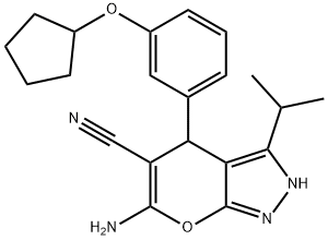 6-amino-4-[3-(cyclopentyloxy)phenyl]-3-isopropyl-2,4-dihydropyrano[2,3-c]pyrazole-5-carbonitrile Struktur