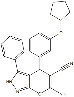 6-amino-4-[3-(cyclopentyloxy)phenyl]-3-phenyl-2,4-dihydropyrano[2,3-c]pyrazole-5-carbonitrile Struktur