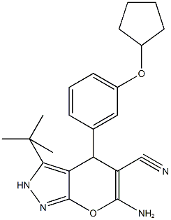 6-amino-3-tert-butyl-4-[3-(cyclopentyloxy)phenyl]-2,4-dihydropyrano[2,3-c]pyrazole-5-carbonitrile Struktur