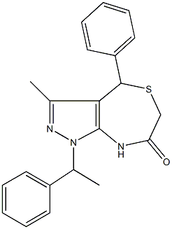 3-methyl-4-phenyl-1-(1-phenylethyl)-4,8-dihydro-1H-pyrazolo[3,4-e][1,4]thiazepin-7(6H)-one Struktur