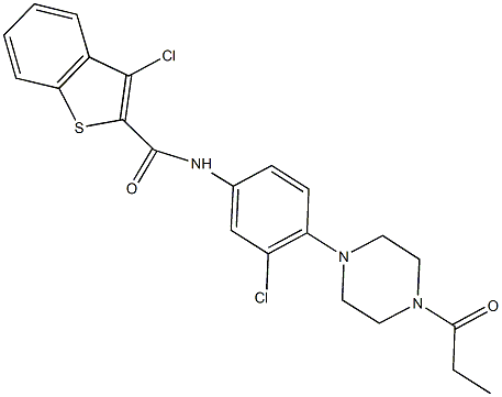 3-chloro-N-[3-chloro-4-(4-propionyl-1-piperazinyl)phenyl]-1-benzothiophene-2-carboxamide Struktur