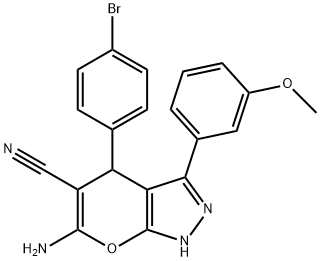 6-amino-4-(4-bromophenyl)-3-(3-methoxyphenyl)-2,4-dihydropyrano[2,3-c]pyrazole-5-carbonitrile Struktur