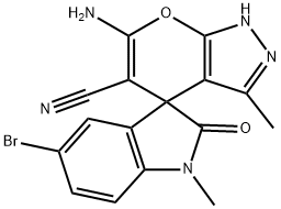 6-amino-5'-bromo-1',3-dimethyl-1',2,3',4-tetrahydro-2'-oxospiro(pyrano[2,3-c]pyrazole-4,3'-[2'H]-indole)-5-carbonitrile Struktur