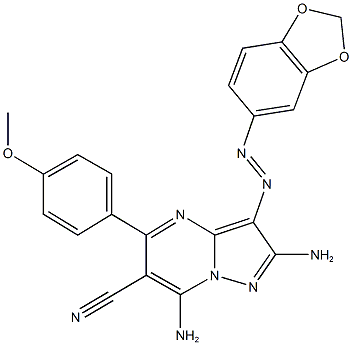 2,7-diamino-3-(1,3-benzodioxol-5-yldiazenyl)-5-(4-methoxyphenyl)pyrazolo[1,5-a]pyrimidine-6-carbonitrile Struktur