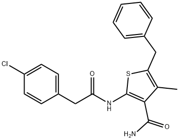 5-benzyl-2-{[(4-chlorophenyl)acetyl]amino}-4-methyl-3-thiophenecarboxamide Struktur