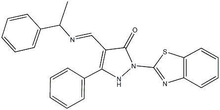 2-(1,3-benzothiazol-2-yl)-5-phenyl-4-{[(1-phenylethyl)imino]methyl}-1,2-dihydro-3H-pyrazol-3-one Struktur