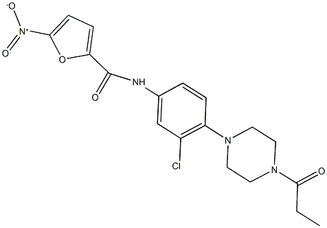 N-[3-chloro-4-(4-propionyl-1-piperazinyl)phenyl]-5-nitro-2-furamide Struktur