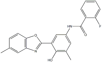 2-fluoro-N-[4-hydroxy-3-methyl-5-(5-methyl-1,3-benzoxazol-2-yl)phenyl]benzamide Struktur