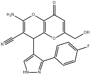 2-amino-4-[5-(4-fluorophenyl)-1H-pyrazol-4-yl]-6-(hydroxymethyl)-8-oxo-4,8-dihydropyrano[3,2-b]pyran-3-carbonitrile Struktur