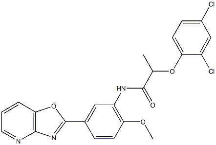 2-(2,4-dichlorophenoxy)-N-(2-methoxy-5-[1,3]oxazolo[4,5-b]pyridin-2-ylphenyl)propanamide Struktur