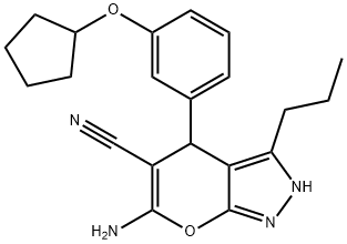 6-amino-4-[3-(cyclopentyloxy)phenyl]-3-propyl-2,4-dihydropyrano[2,3-c]pyrazole-5-carbonitrile Struktur