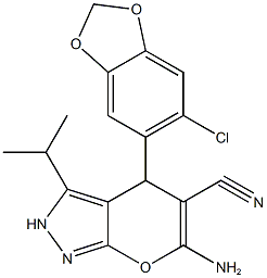 6-amino-4-(6-chloro-1,3-benzodioxol-5-yl)-3-isopropyl-2,4-dihydropyrano[2,3-c]pyrazole-5-carbonitrile Struktur