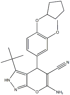 6-amino-3-tert-butyl-4-[4-(cyclopentyloxy)-3-methoxyphenyl]-2,4-dihydropyrano[2,3-c]pyrazole-5-carbonitrile Struktur