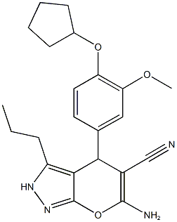 6-amino-4-[4-(cyclopentyloxy)-3-methoxyphenyl]-3-propyl-2,4-dihydropyrano[2,3-c]pyrazole-5-carbonitrile Struktur