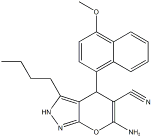 6-amino-3-butyl-4-(4-methoxy-1-naphthyl)-2,4-dihydropyrano[2,3-c]pyrazole-5-carbonitrile Struktur