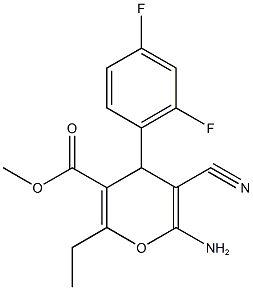 methyl 6-amino-5-cyano-4-(2,4-difluorophenyl)-2-ethyl-4H-pyran-3-carboxylate Struktur