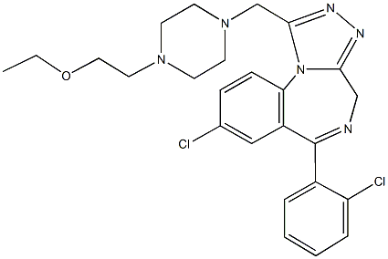 8-chloro-6-(2-chlorophenyl)-1-{[4-(2-ethoxyethyl)-1-piperazinyl]methyl}-4H-[1,2,4]triazolo[4,3-a][1,4]benzodiazepine Struktur