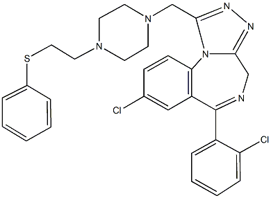 8-chloro-6-(2-chlorophenyl)-1-({4-[2-(phenylsulfanyl)ethyl]-1-piperazinyl}methyl)-4H-[1,2,4]triazolo[4,3-a][1,4]benzodiazepine Struktur