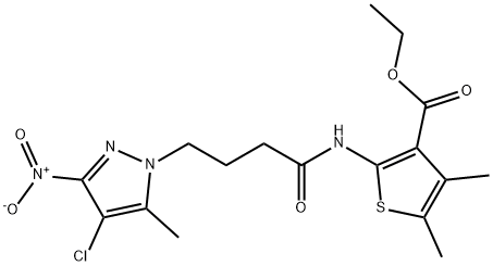 ethyl 2-[(4-{4-chloro-3-nitro-5-methyl-1H-pyrazol-1-yl}butanoyl)amino]-4,5-dimethyl-3-thiophenecarboxylate Struktur