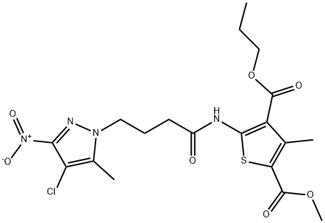 2-methyl 4-propyl 5-[(4-{4-chloro-3-nitro-5-methyl-1H-pyrazol-1-yl}butanoyl)amino]-3-methyl-2,4-thiophenedicarboxylate Struktur