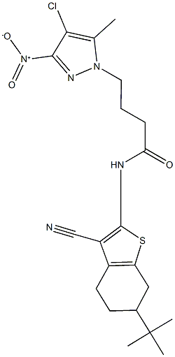 N-(6-tert-butyl-3-cyano-4,5,6,7-tetrahydro-1-benzothien-2-yl)-4-{4-chloro-3-nitro-5-methyl-1H-pyrazol-1-yl}butanamide Struktur