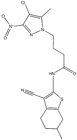 4-{4-chloro-3-nitro-5-methyl-1H-pyrazol-1-yl}-N-(3-cyano-6-methyl-4,5,6,7-tetrahydro-1-benzothien-2-yl)butanamide Struktur