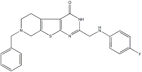 7-benzyl-2-[(4-fluoroanilino)methyl]-5,6,7,8-tetrahydropyrido[4',3':4,5]thieno[2,3-d]pyrimidin-4(3H)-one Struktur