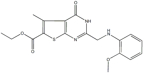 ethyl 2-[(2-methoxyanilino)methyl]-5-methyl-4-oxo-3,4-dihydrothieno[2,3-d]pyrimidine-6-carboxylate Struktur