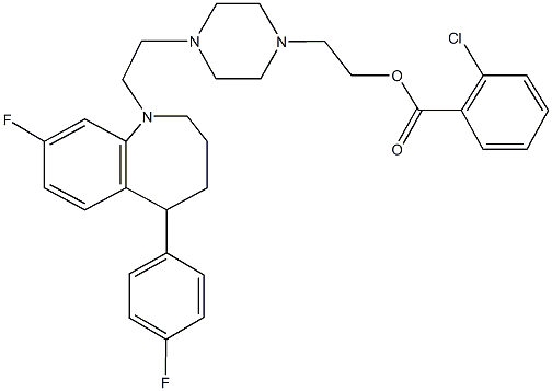 2-(4-{2-[8-fluoro-5-(4-fluorophenyl)-2,3,4,5-tetrahydro-1H-1-benzazepin-1-yl]ethyl}-1-piperazinyl)ethyl 2-chlorobenzoate Struktur