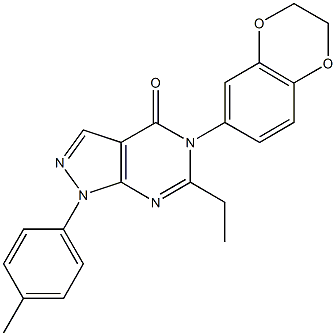 5-(2,3-dihydro-1,4-benzodioxin-6-yl)-6-ethyl-1-(4-methylphenyl)-1,5-dihydro-4H-pyrazolo[3,4-d]pyrimidin-4-one Struktur