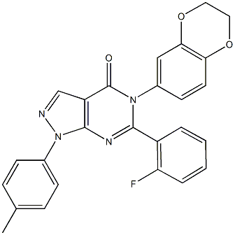 5-(2,3-dihydro-1,4-benzodioxin-6-yl)-6-(2-fluorophenyl)-1-(4-methylphenyl)-1,5-dihydro-4H-pyrazolo[3,4-d]pyrimidin-4-one Struktur