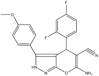 6-amino-4-(2,4-difluorophenyl)-3-(4-methoxyphenyl)-2,4-dihydropyrano[2,3-c]pyrazole-5-carbonitrile Struktur