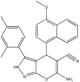 6-amino-3-(2,4-dimethylphenyl)-4-(4-methoxy-1-naphthyl)-2,4-dihydropyrano[2,3-c]pyrazole-5-carbonitrile Struktur