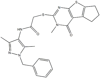 N-(1-benzyl-3,5-dimethyl-1H-pyrazol-4-yl)-2-[(3-methyl-4-oxo-3,5,6,7-tetrahydro-4H-cyclopenta[4,5]thieno[2,3-d]pyrimidin-2-yl)sulfanyl]acetamide Struktur