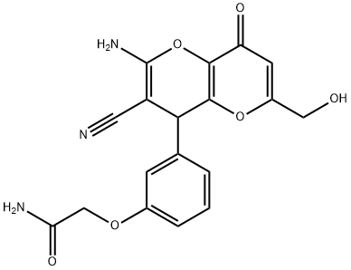 2-{3-[2-amino-3-cyano-6-(hydroxymethyl)-8-oxo-4,8-dihydropyrano[3,2-b]pyran-4-yl]phenoxy}acetamide Struktur